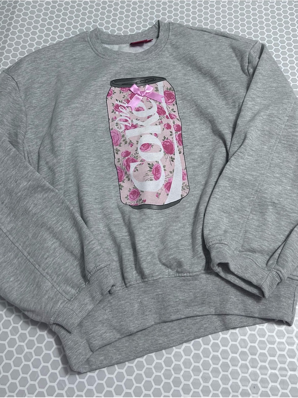 Coca Cola Gray Crewneck Sweatshirt Pink Floral w Pink Robbin Size XXS